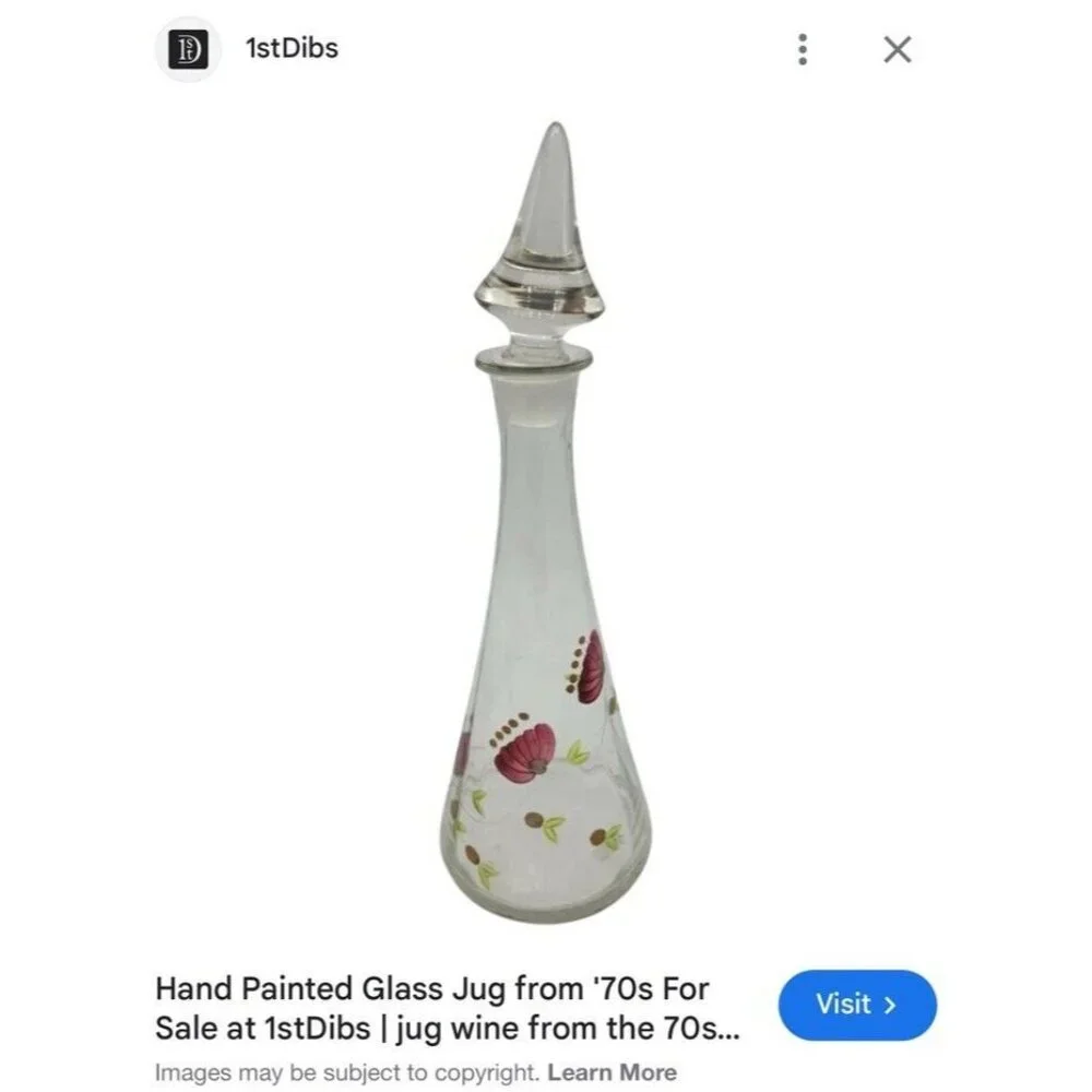 Hand Painted Glass Carafe with Cap, Decanter Vintage Romania Flowers Italy